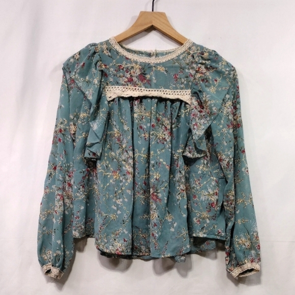 Sunday Seoul Tops - Sunday Seoul Floral Eyelet Babydoll Top Women's S Blue Artsy Cottagecore Retro